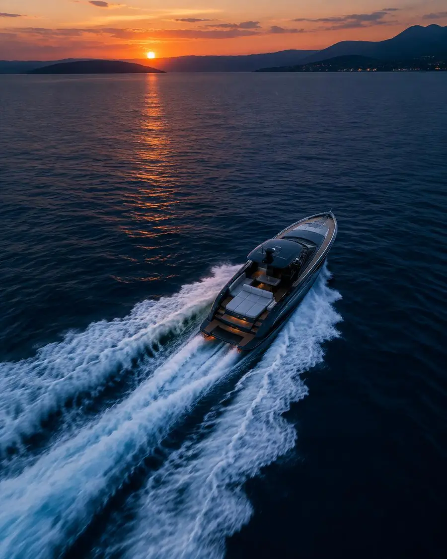 Performance boat crossing open water at dusk