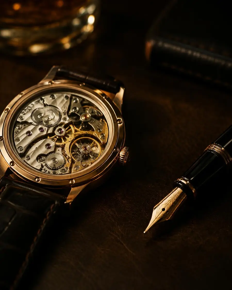 Mechanical watch movement beside a fountain pen