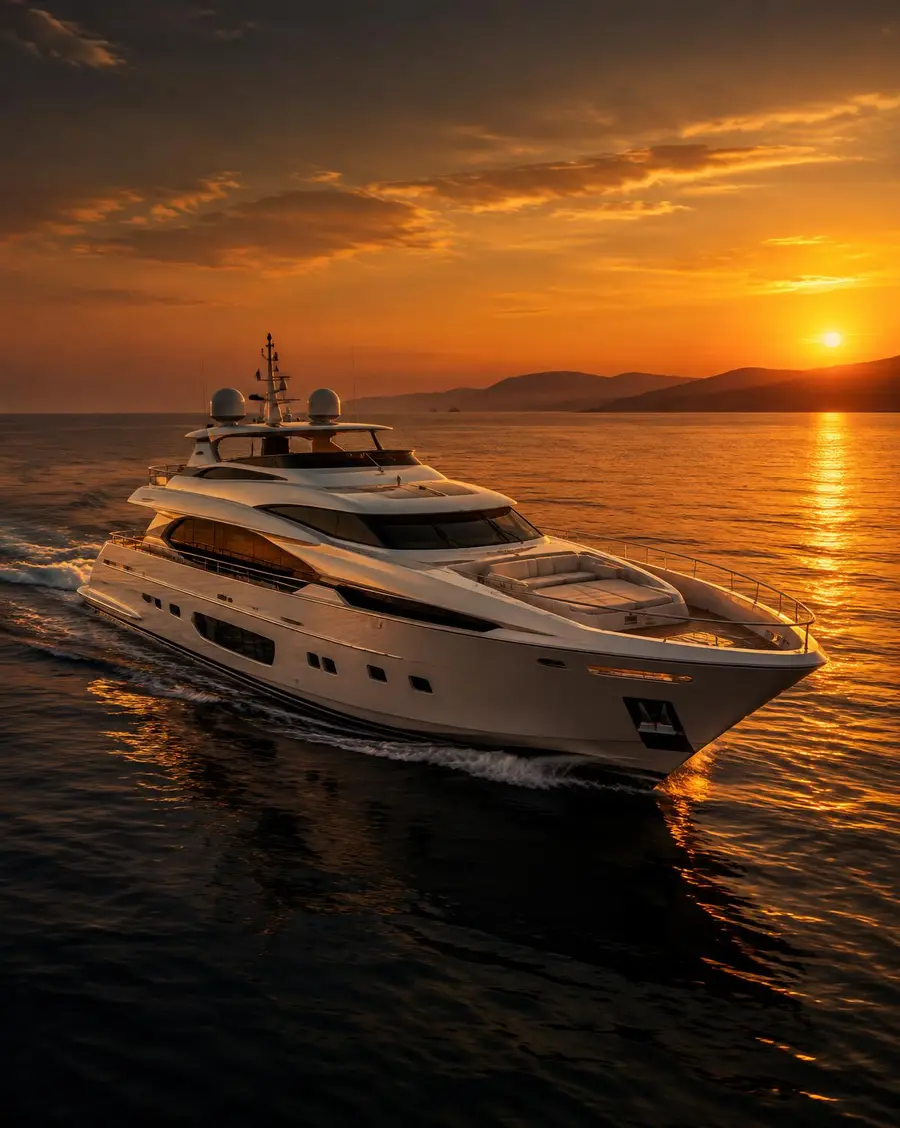 Motor yacht cruising at sunset